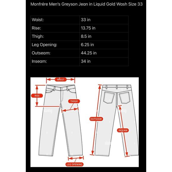 Monfrére Men’s Greyson Jean in Liquid Gold Wash Size 33 - Picture 6 of 6